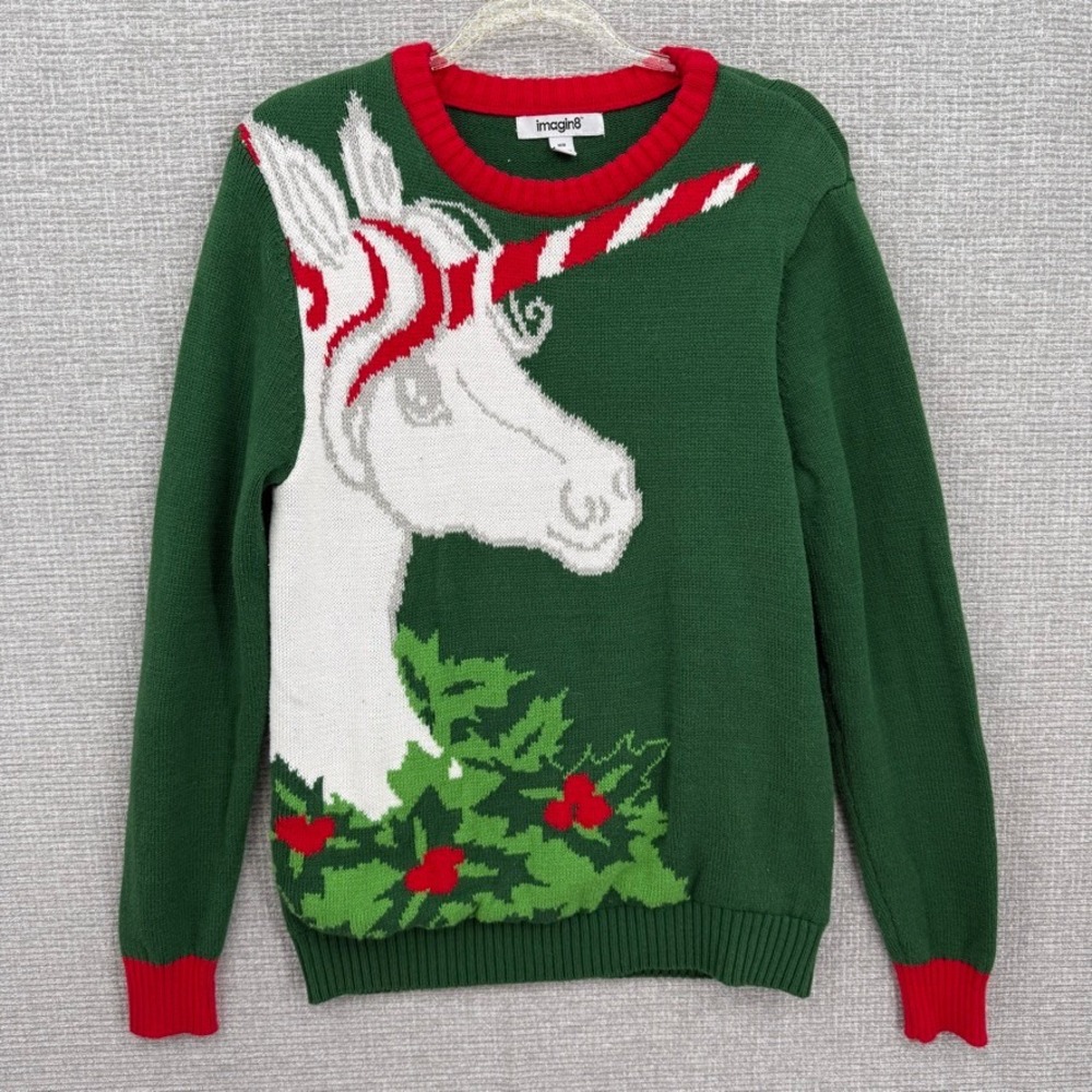 imagin8 Unicorn‎ Christmas Sweater Women Medium Green Red Holiday Ugly Sweater